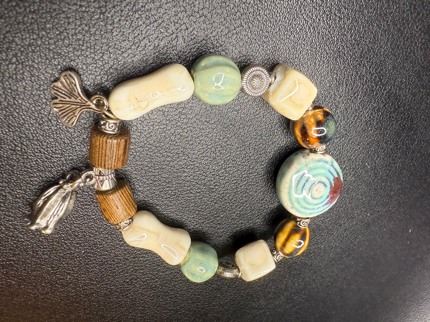 Handcrafted ceramic and wood beaded bracelet