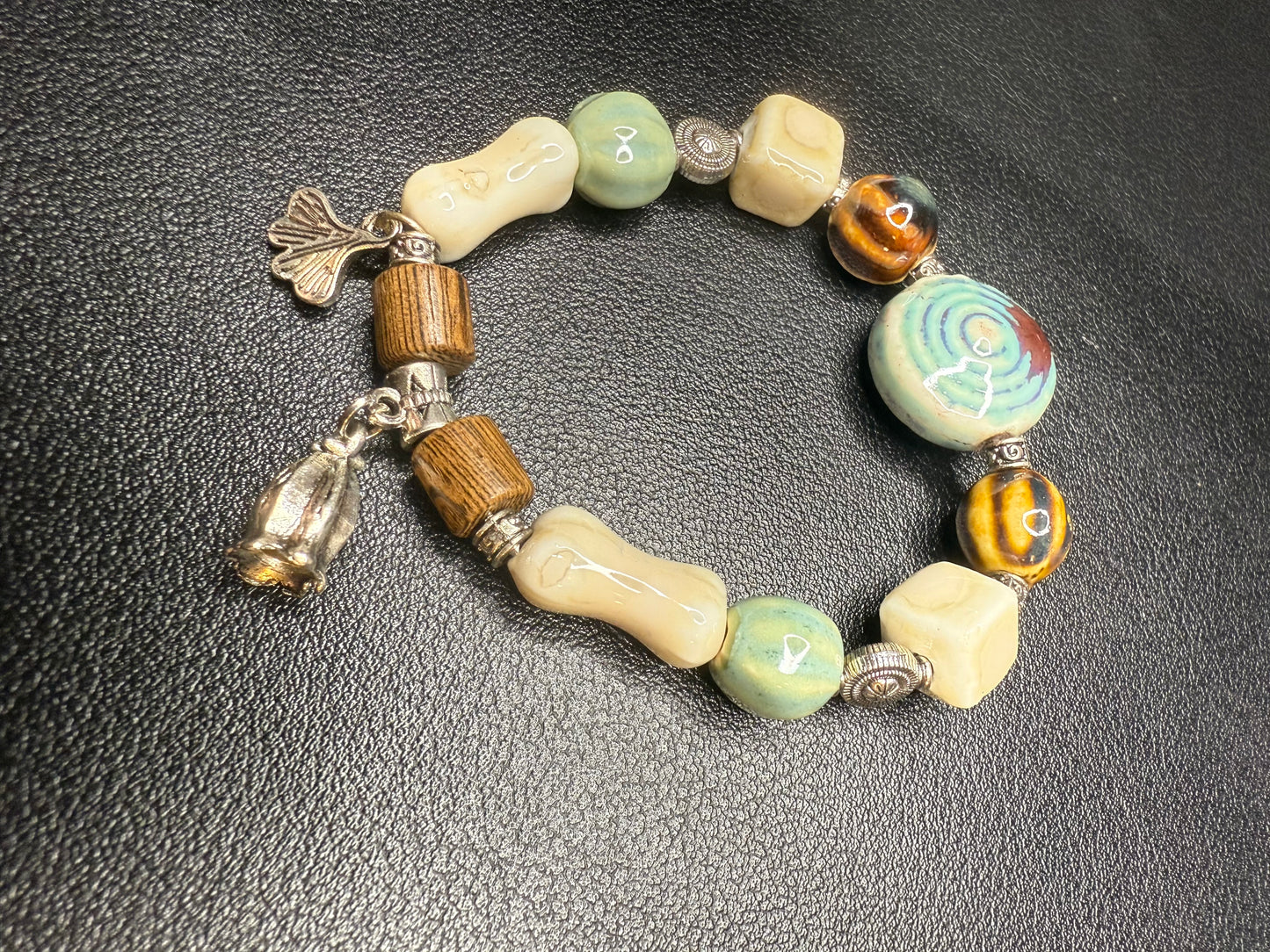 Handcrafted ceramic and wood beaded bracelet