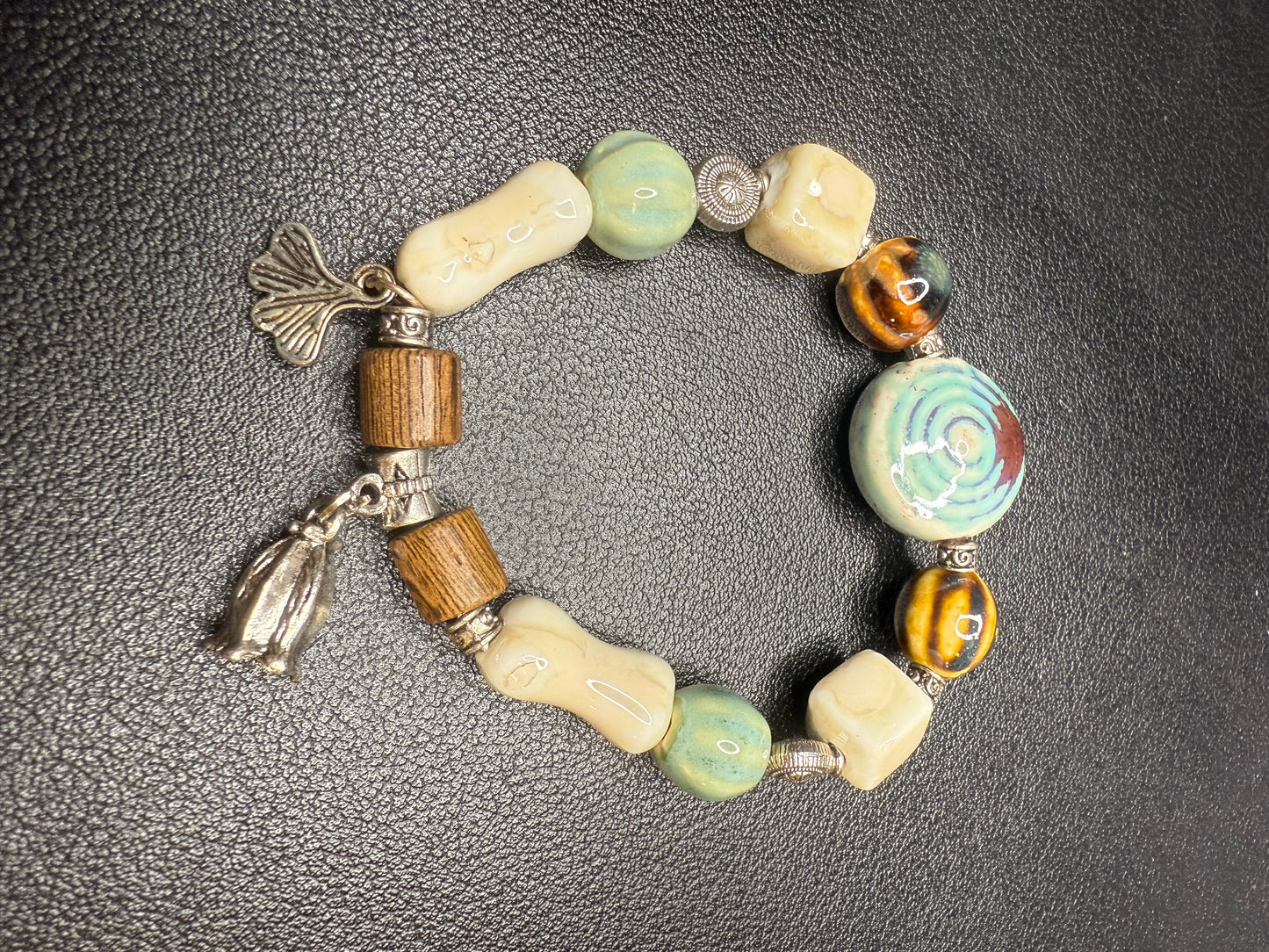 Handcrafted ceramic and wood beaded bracelet