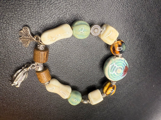 Handcrafted ceramic and wood beaded bracelet